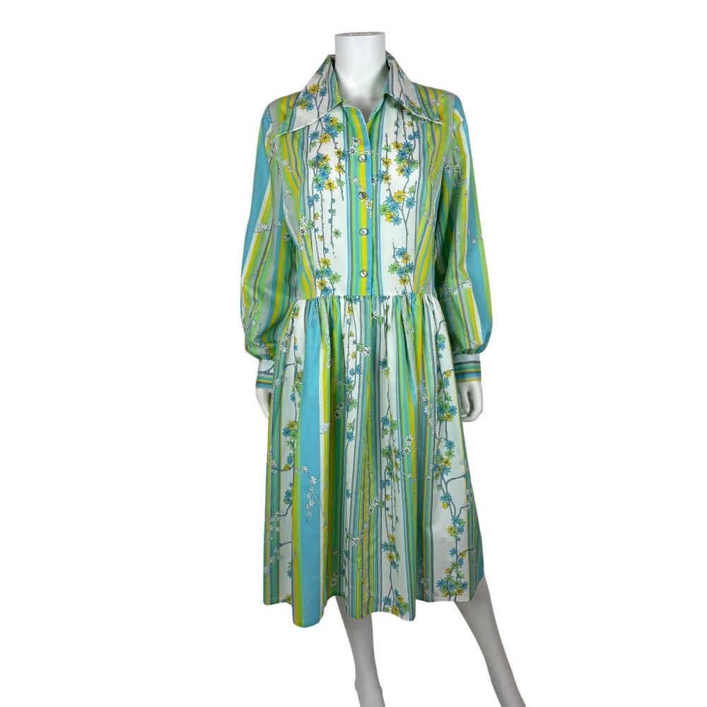 Vintage 60s Striped Dress Womens Large Blue Green Colorful Spring Shirtdress - Picture 2 of 13